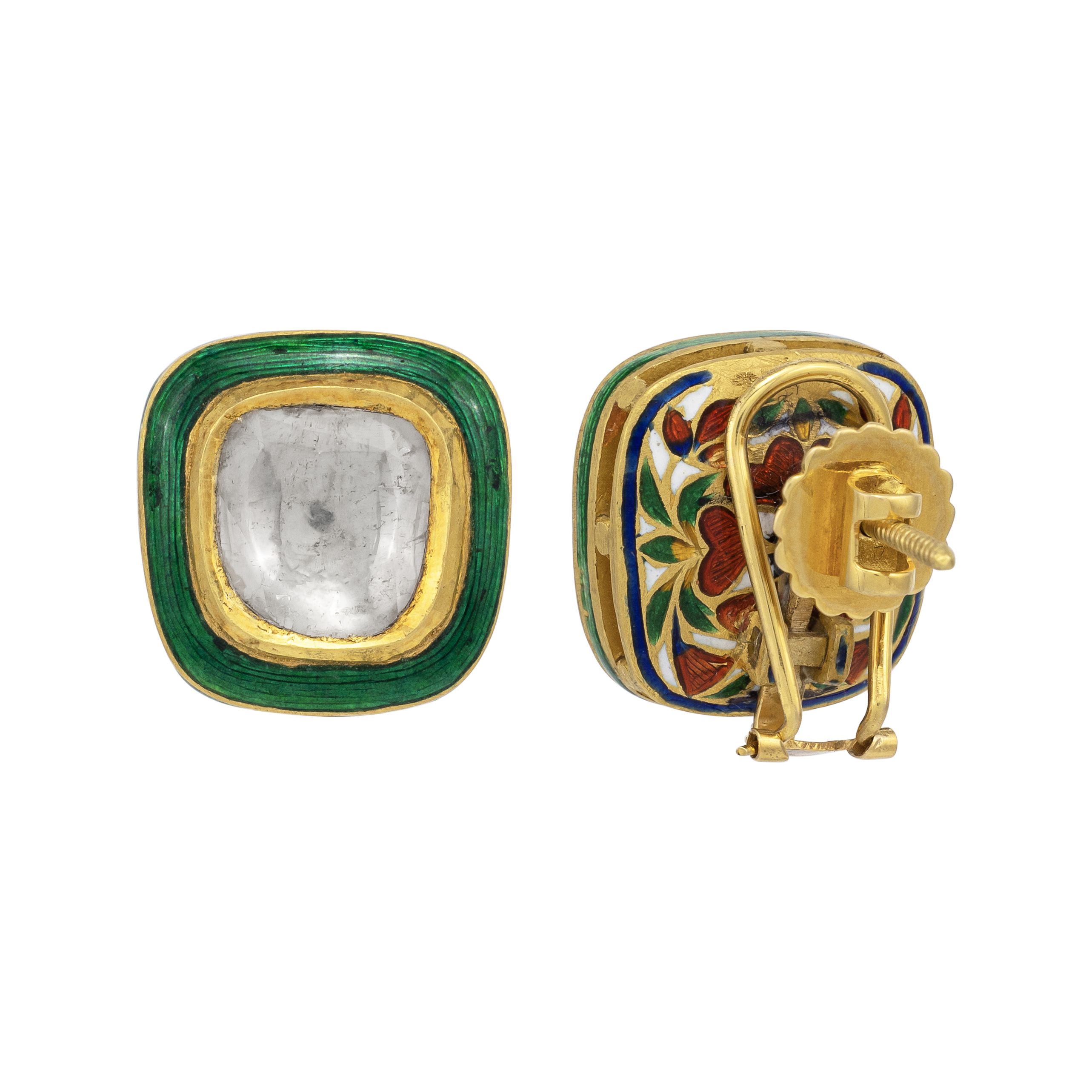 Square Polki Studs with Green Enamel Highlights